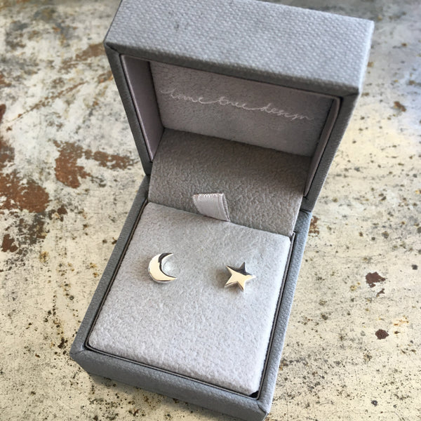 Moon and Star Stud Earrings Sterling Silver