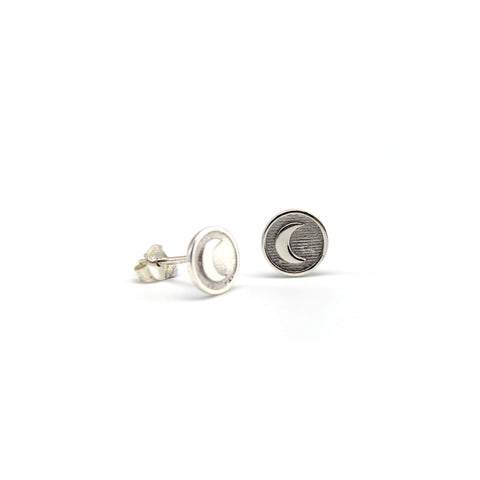 Silver moon medallion stud earrings 