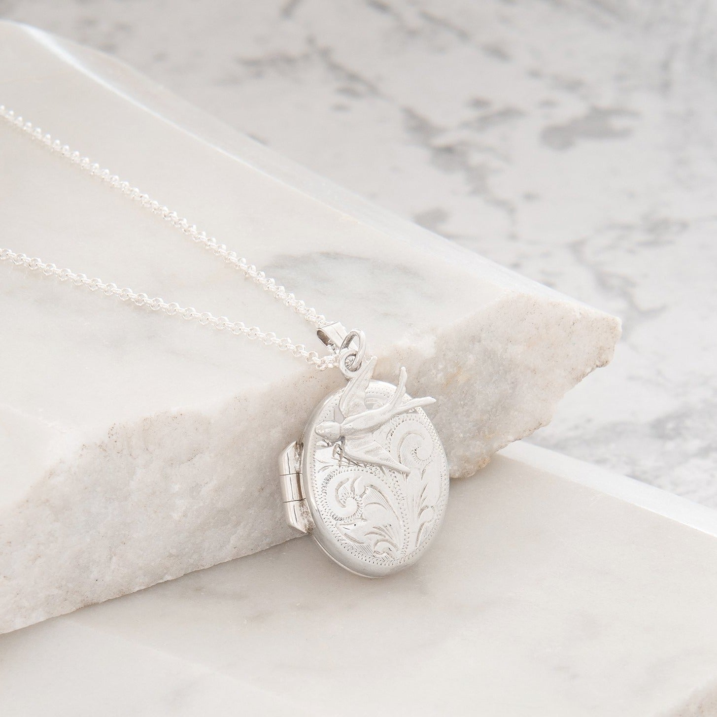 Personalised Engraved Oval Locket Necklace with Swallow - Sterling Silver