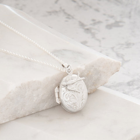 Personalised Engraved Oval Locket with Swallow Necklace Sterling Silver