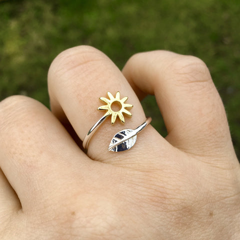 Adjustable Flower and Leaf Charm Ring Sterling Silver and Gold Vermeil