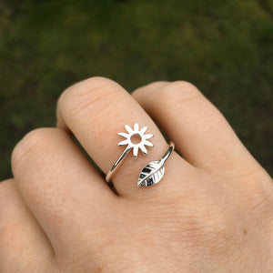 Adjustable Flower and Leaf Charm Ring Sterling Silver
