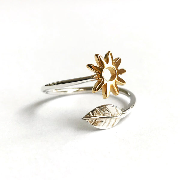 Adjustable Flower and Leaf Charm Ring Sterling Silver and Gold Vermeil