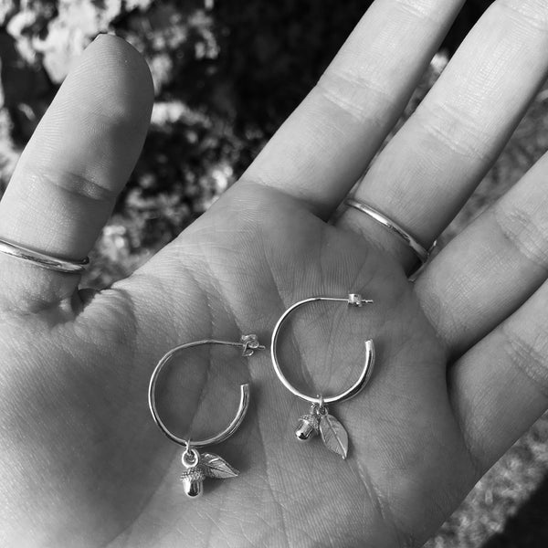 Half Hoop Earrings with Acorn and Leaf Sterling Silver