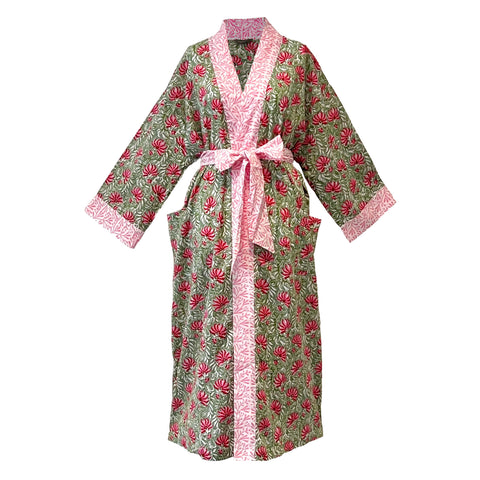 Pink and Green Jaipur Floral Cotton Full Length Kimono