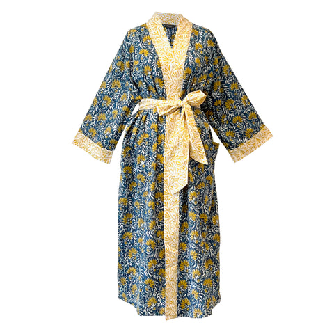 Full Length Cotton Kimono - Jaipur Blue & Yellow