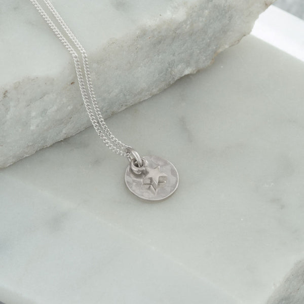 Mini Hammered Disc with Star Necklace Sterling Silver