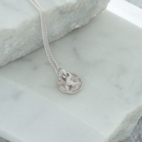 Mini Hammered Disc with Moon Necklace Sterling Silver