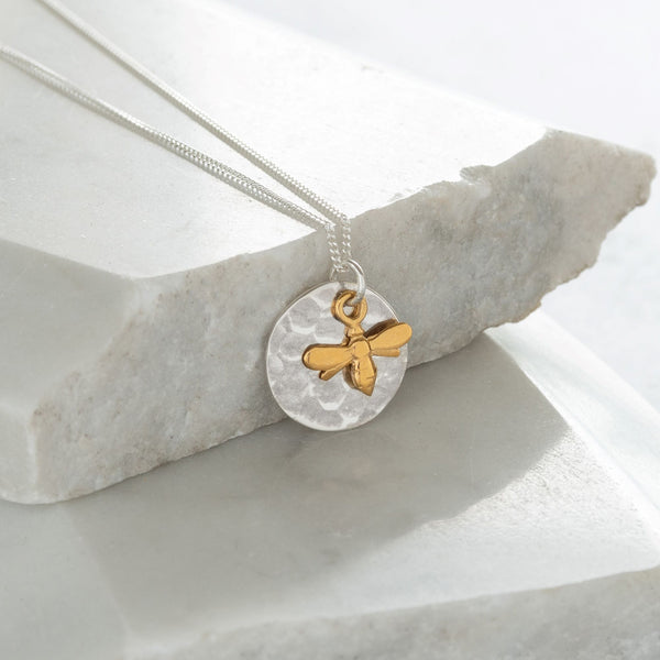 Hammered Disc with Bee Necklace Sterling Silver and Gold Vermeil