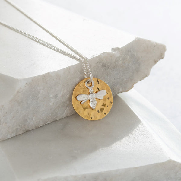 Hammered Disc with Bee Gold Vermeil and Sterling Silver