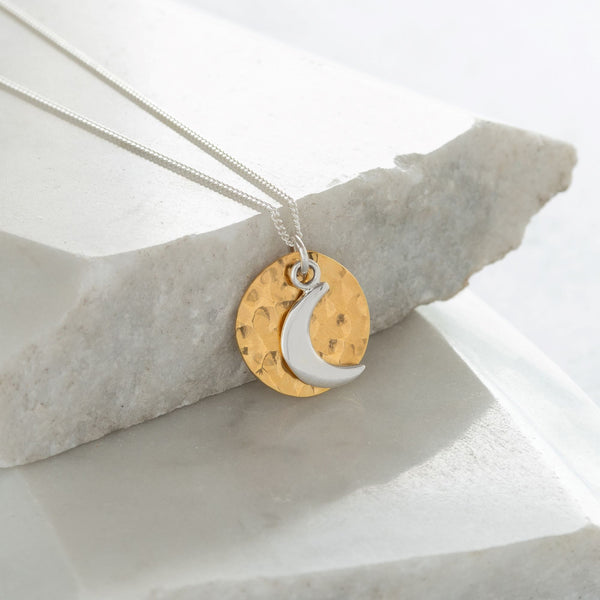 hammered disc and moon necklace gold vermeil 