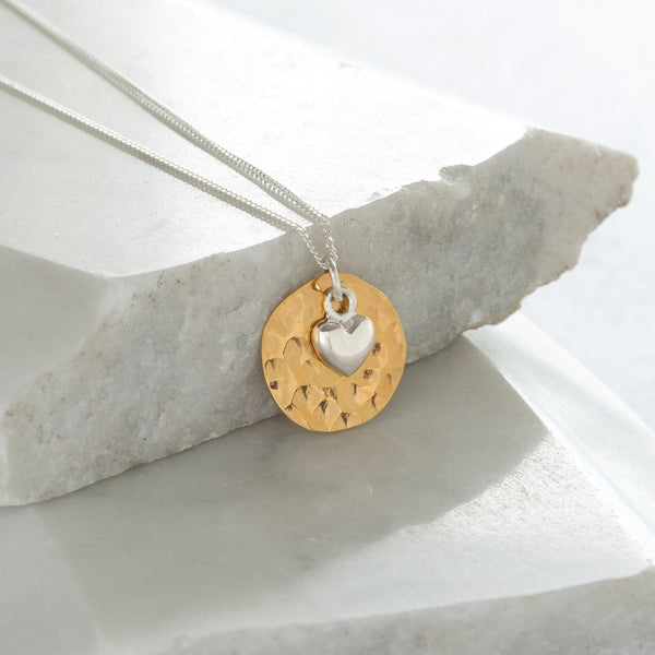 Hammered Disc with Heart Gold Vermeil and Sterling Silver