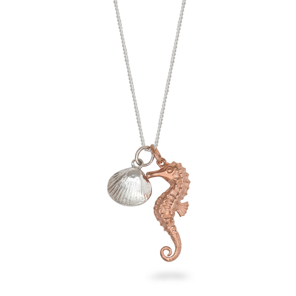 Seahorse and Shell Necklace Sterling Silver and Rose Gold Vermeil