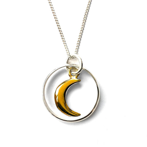 Silver Ring Necklace with Gold Vermeil Moon Charm