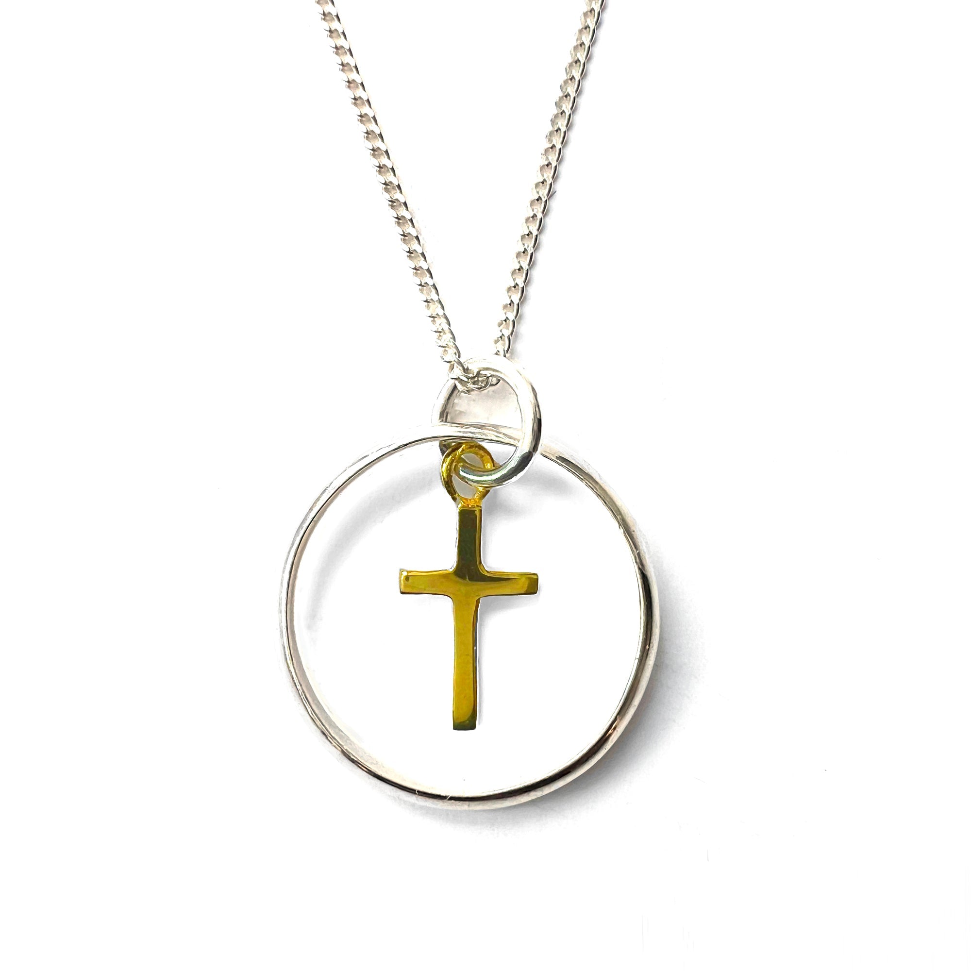 Silver Ring Necklace with Gold Vermeil Cross Charm