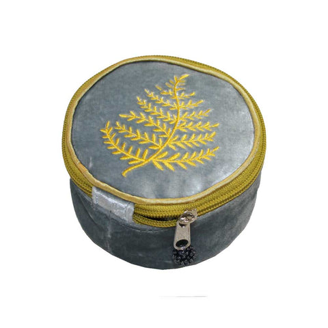 Velvet Jewellery Round Purse with Fern Embroidery: Light Grey