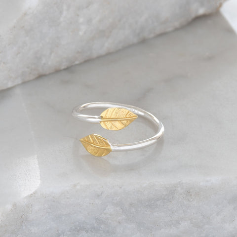 Adjustable Double Leaf Charm Ring Sterling Silver and Gold Vermeil
