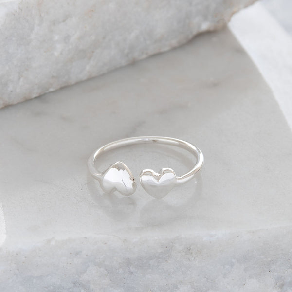 Adjustable Double Heart Charm Ring Sterling Silver