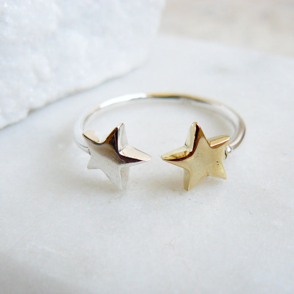 Adjustable Double Star Charm Ring Sterling Silver and Gold Vermeil
