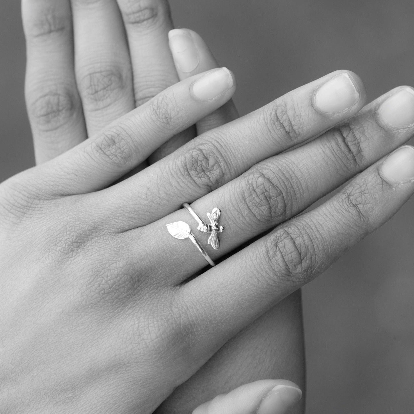 Bee and Leaf Adjustable Ring Sterling Silver