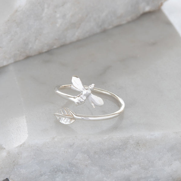 Adjustable Bee and Leaf Charm Ring Sterling Silver