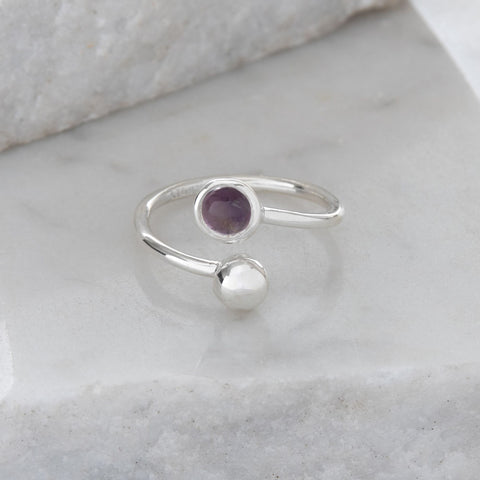 Adjustable Birthstone Ring February: Sterling Silver and Amethyst