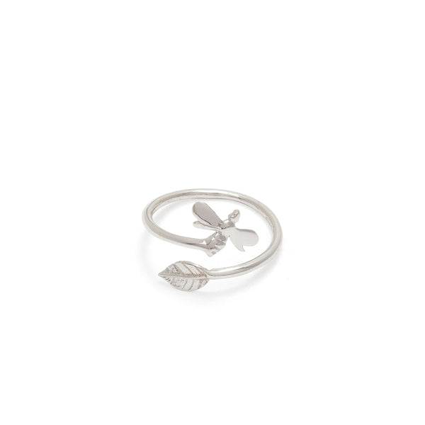 Adjustable Bee and Leaf Charm Ring Sterling Silver