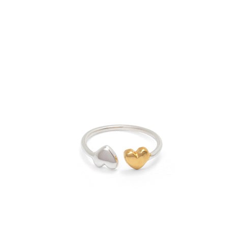 Adjustable Double Heart Charm Ring Sterling Silver and Gold Vermeil