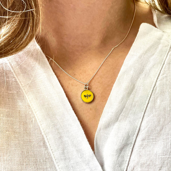 Yellow Bee Enamel Necklace Sterling Silver