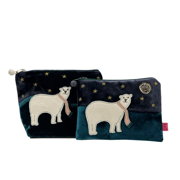 velvet purse with polar bear and moon and stars