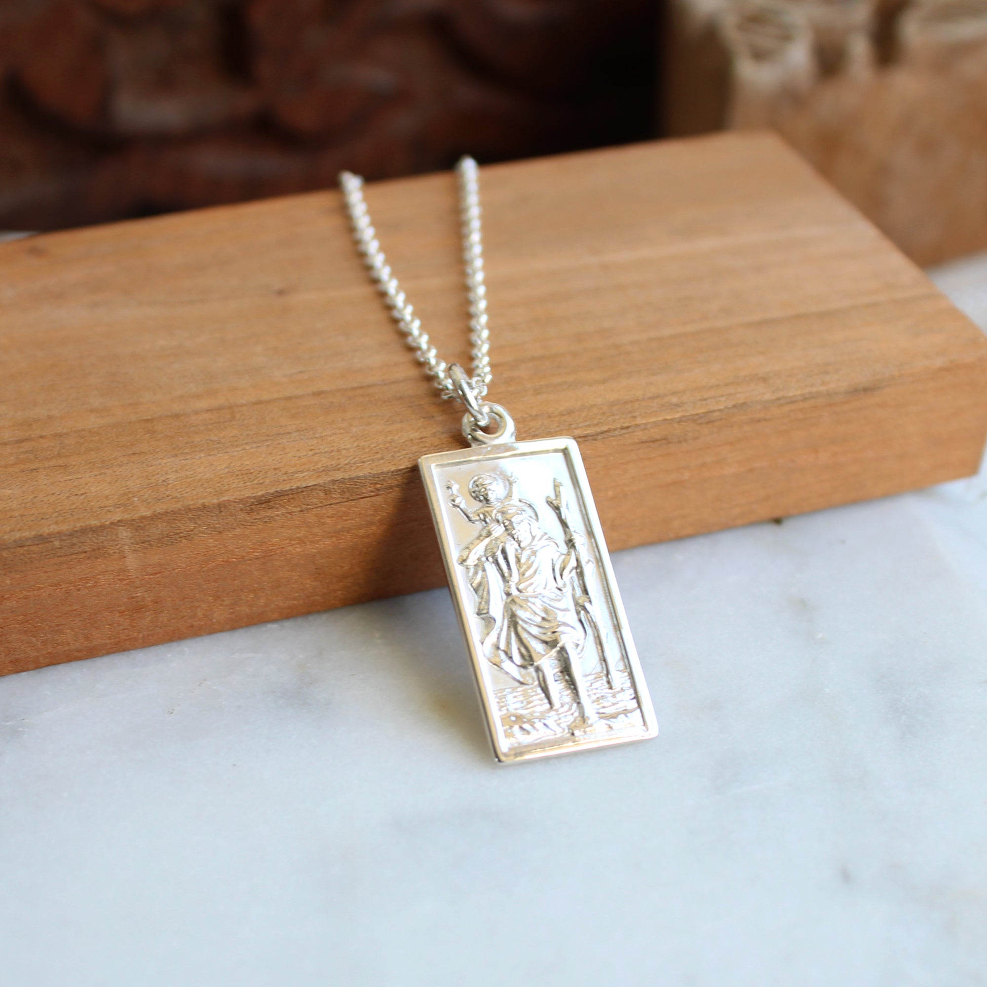 Rectangular St. Christopher Necklace Sterling Silver